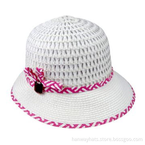 Paper Braid White Children's Straw Hat with Pink Band and Brim Edge